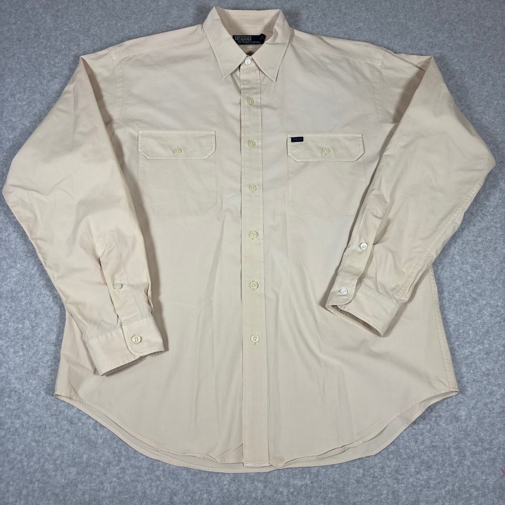 Polo Ralph Lauren G.I. Cotton Shirt Mens Large Beige Tan Long Sleeve Button Down